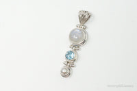 Large Designer SJ Blue Topaz Moonstone Pearl Sterling Necklace Pendant