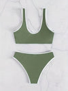 Bikini Scoop Neck Contrast Trim 2 Piece Swimsuit for Women – High Stretch Casual Bikini Set with Scallop Edge Detail and Matching Swim Briefs – Stylish Solid Color Swimwear for Beach Days Pool Lounging and Summer Vacations