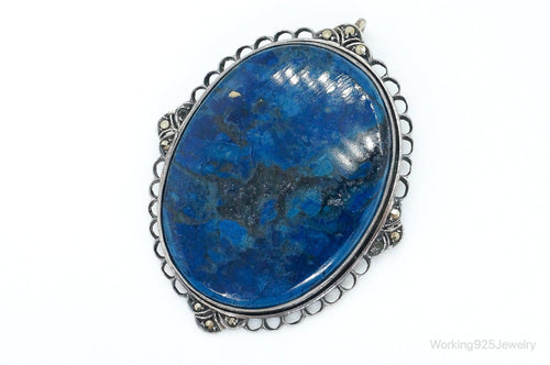 Large Antique Lapis Lazuli Marcasite Sterling Silver Pendant