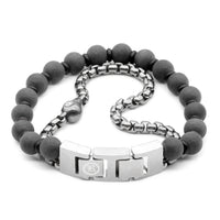 Black Marble Skull Bead Bracelet Stainless Steel Mens
