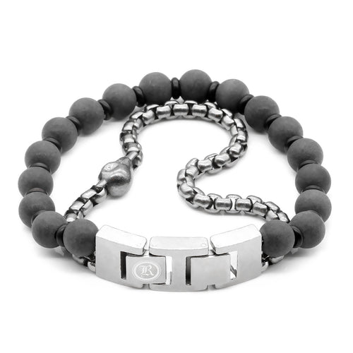 Black Marble Skull Bead Bracelet Stainless Steel Mens