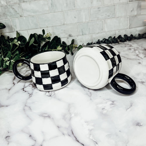 Black And White Checkered Ceramic Mug 13.5oz Hand-Painted Retro Dishwasher Safe