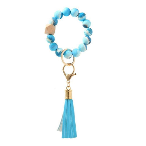 Blue Marble Keychain Bracelet Beaded Wristlet Silicone