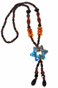 Blue Star Glass Pendant Necklace Long Beaded Adjust Boho