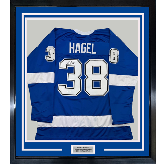 Framed Autographed/Signed Brandon Hagel 35x39 Tampa Bay Blue Hockey Jersey JSA COA