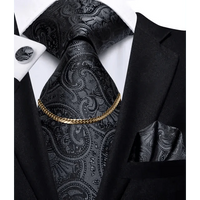 Business Black Silk Necktie Chain Classic Tie Square Handkerchief Elegant Cufflink Wedding Formal Neckties For Men