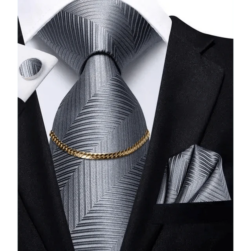 Business Black Silk Necktie Chain Classic Tie Square Handkerchief Elegant Cufflink Wedding Formal Neckties For Men