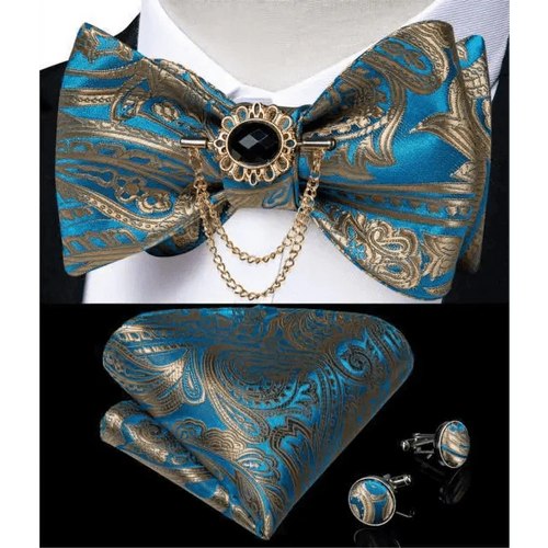 Business Elegant Gold Black Pattern Elegant Wedding Silk Bowtie Men Butterfly Fashion Bow Ties Pocket Square Classic Business Tuxedo Wedding Bowties Handkerchief Set