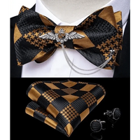 Business Elegant Gold Black Pattern Elegant Wedding Silk Bowtie Men Butterfly Fashion Bow Ties Pocket Square Classic Business Tuxedo Wedding Bowties Handkerchief Set