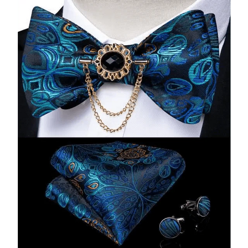 Business Elegant Gold Black Pattern Elegant Wedding Silk Bowtie Men Butterfly Fashion Bow Ties Pocket Square Classic Business Tuxedo Wedding Bowties Handkerchief Set