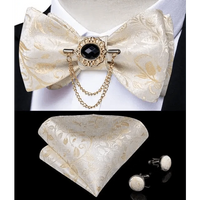 Business Elegant Gold Black Pattern Elegant Wedding Silk Bowtie Men Butterfly Fashion Bow Ties Pocket Square Classic Business Tuxedo Wedding Bowties Handkerchief Set