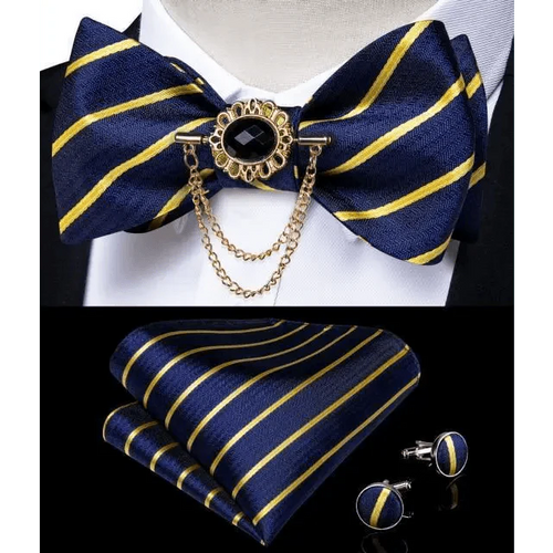 Business Elegant Gold Black Pattern Elegant Wedding Silk Bowtie Men Butterfly Fashion Bow Ties Pocket Square Classic Business Tuxedo Wedding Bowties Handkerchief Set