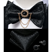 Business Elegant Gold Black Pattern Elegant Wedding Silk Bowtie Men Butterfly Fashion Bow Ties Pocket Square Classic Business Tuxedo Wedding Bowties Handkerchief Set