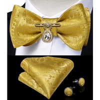Business Elegant Gold Black Pattern Elegant Wedding Silk Bowtie Men Butterfly Fashion Bow Ties Pocket Square Classic Business Tuxedo Wedding Bowties Handkerchief Set