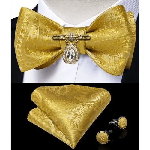 Business Elegant Gold Black Pattern Elegant Wedding Silk Bowtie Men Butterfly Fashion Bow Ties Pocket Square Classic Business Tuxedo Wedding Bowties Handkerchief Set