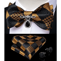 Business Elegant Gold Black Pattern Elegant Wedding Silk Bowtie Men Butterfly Fashion Bow Ties Pocket Square Classic Business Tuxedo Wedding Bowties Handkerchief Set