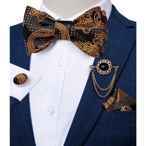 Business Elegant Gold Black Pattern Elegant Wedding Silk Bowtie Men Butterfly Fashion Bow Ties Pocket Square Classic Business Tuxedo Wedding Bowties Handkerchief Set