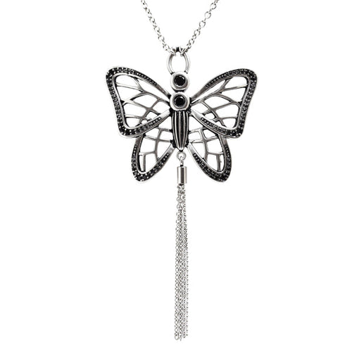 Butterfly Cubic Zirconia Tassel Pendant Necklace Silver