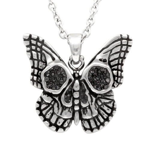 Butterfly Skull Necklace Gothic Pendant With Black Crystals