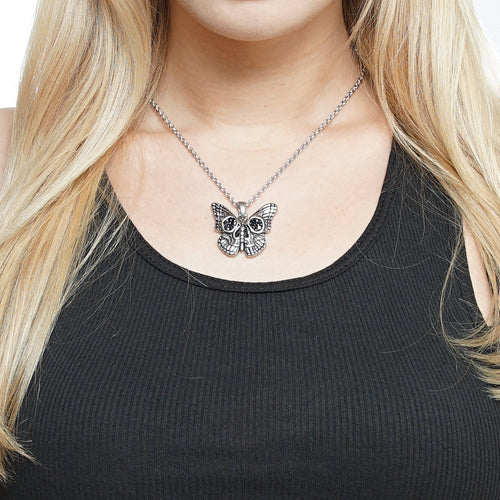 Butterfly Skull Necklace Gothic Pendant With Black Crystals