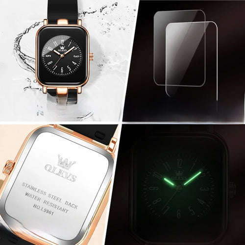 Women's Rectangular Gold Tone Quartz Watch Silicone Strap