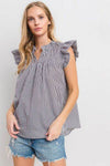 Ces Femme Plaid Notched Ruffled Cap Sleeve Blouse