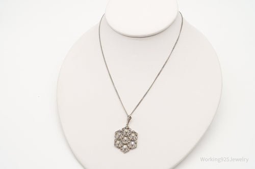 Antique Vintage Faux Diamonds Snowflake Sterling Silver Necklace