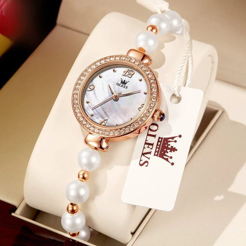 Women's Pearl Bracelet Watch Rose Gold Crystal Bezel
