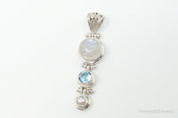 Large Designer SJ Blue Topaz Moonstone Pearl Sterling Necklace Pendant