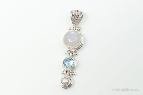 Large Designer SJ Blue Topaz Moonstone Pearl Sterling Necklace Pendant