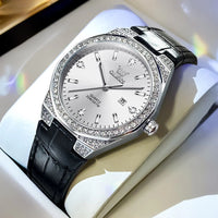 Women's Leather Strap Crystal Bezel Watch Rose Gold Luxury