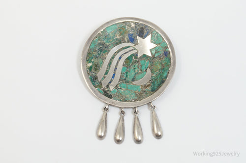Vintage Taxco Mexico Signed CR Crushed Gemstone Sterling Silver Brooch