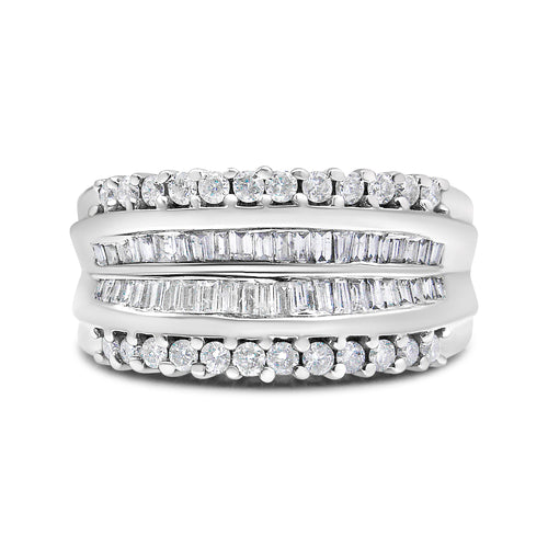 14K White Gold 1.00 Cttw Round and Baguette-Cut Diamond Modern Band Ring (H-I Color, SI2-I1 Clarity) - Ring Size 7
