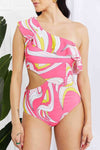 Marina West Pink Cutout Ruffle Swimsuit with Asymmetric Cutout Design