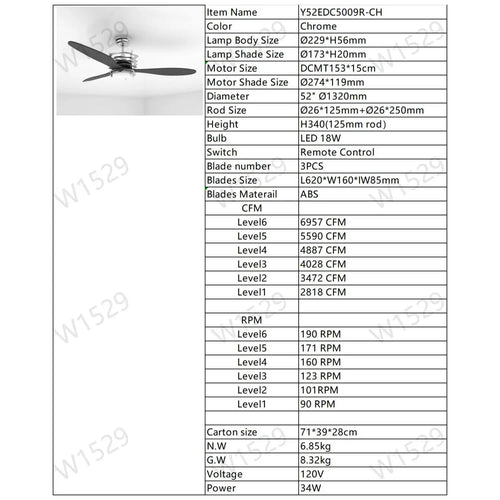Ceiling Fan for Living Room with 3 ABS Blades, LED Light & Remote