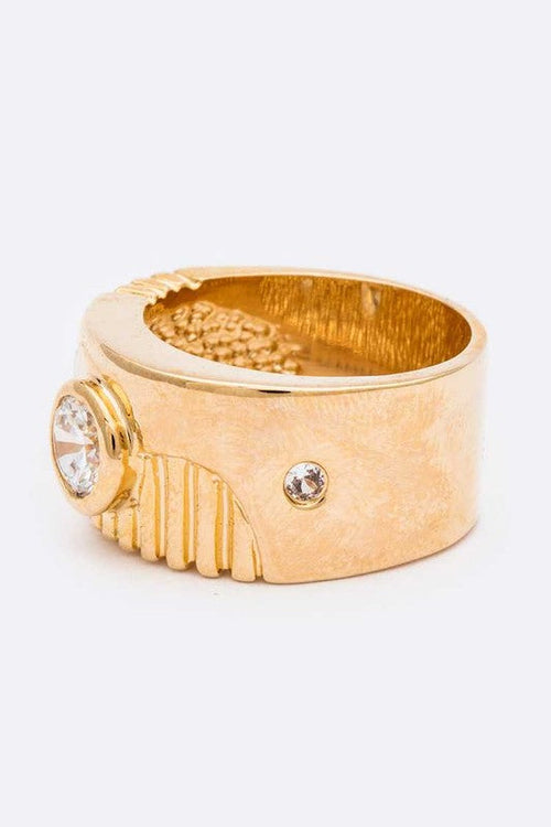 CZ Engraved Textured Gold Band Ring For Women Jewelry