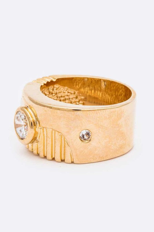 CZ Engraved Textured Gold Band Ring For Women Jewelry