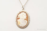 Antique Large Carved Shell Woman Cameo Sterling Silver Necklace