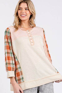 SAGE + FIG Exposed Seam Button Detail Plaid Top