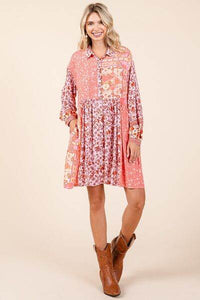 Mittoshop Floral Button Detail Long Sleeve Shirt Dress
