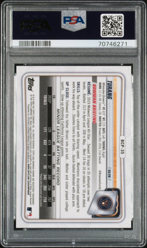 Graded 2020 Topps Bowman Chrome Brice Turang #BCP35 Prospects Blue Refractor #/150 Rookie RC Baseball Card PSA 10 Gem Mint