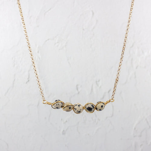 Dalmatian Jasper Wire Wrapped Pod Necklace 18 Inch Gold