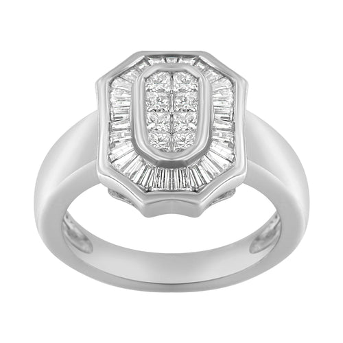 14K White Gold 1.00 Cttw Baguette and Princess-Cut Diamond Cocktail Art Deco Style Ring (H-I Color, SI1-SI2 Clarity) - Size 7