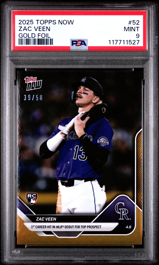 Graded 2025 Topps Now Zac Veen #52 Gold Foil /50 Rookie RC Baseball Card PSA 9 Mint