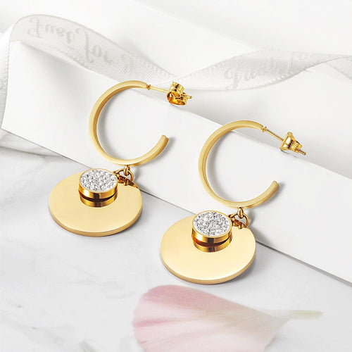 Double Round CZ Dangle Earrings Gold Plated Drop For Women