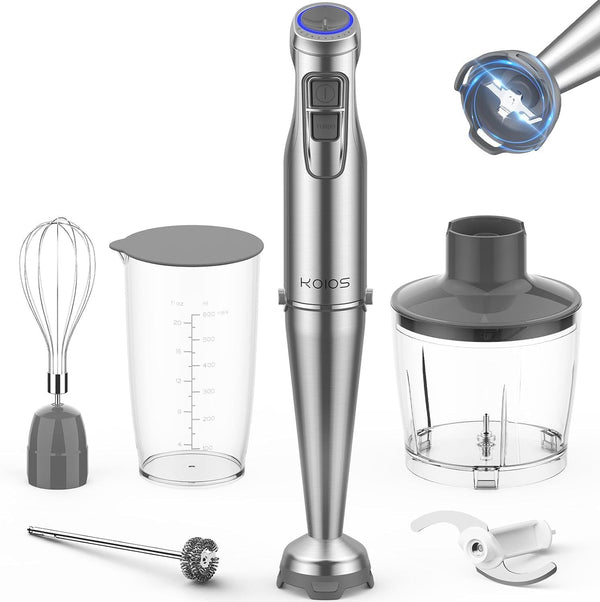 KOIOS 1100W Immersion Hand Blender, Stainless Steel Stick Blender with 12-Speed & Turbo Mode, 5-in-1 Handheld Blender with 600ml Mixing Beaker with Lid, 500ml Chopper, Whisk, Milk Frother, B PA-F ree EasyOptionXY LLC