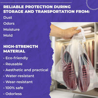 Clear Drawstring Travel Bags for Shoes, 12 x 16 Inches. Pack of 100 Waterproof Dust Bags for Shoes with Double Cotton Drawstrings. 2 mil PE Plastic Drawstring Bags for Packing, Storage