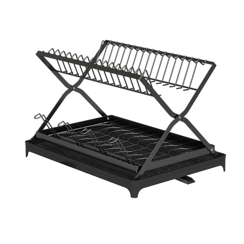 2 Tier Dish Drying Rack with Cup Holder Foldable Dish Drainer Shelf for Kitchen Countertop Rustproof Utensil Holder with Drainboard Black EasyOptionXY LLC