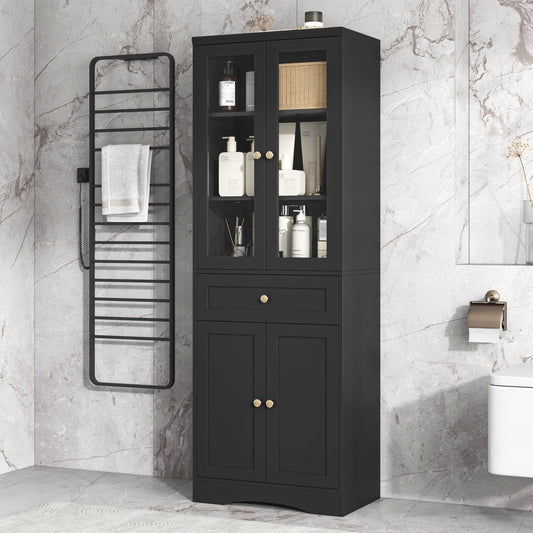 Tall Bathroom Storage Cabinet, Cabinet with Four Doors and Drawers, Adjustable Shelf, MDF Board EasyOptionXY LLC