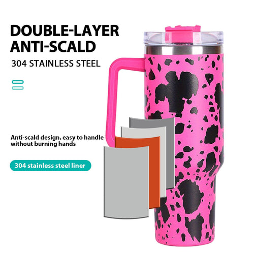 40oz 5D cowprint Insulated Tumbler With Handle And Straw Lid Portable Large Capacity water bottle, Heat preservation,304 Stainless Steel Cup For Outdoor Sports, Travel & Camping Birthday Gift EasyOptionXY LLC